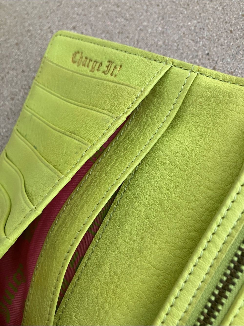 Juicy Couture Pink Terry Cloth Wallet with Lime Green Embroidery and leather - Picture 4 of 10